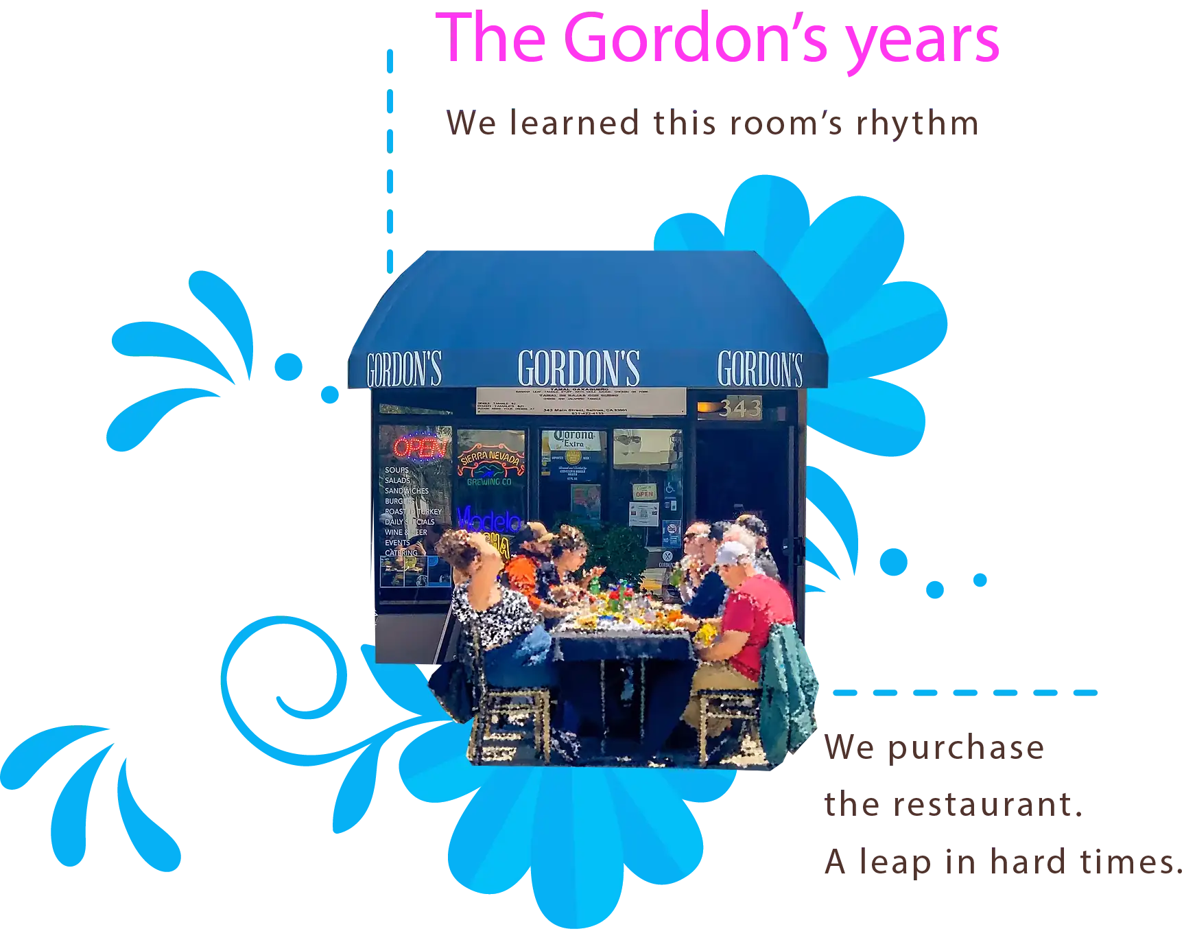 The Gordon's years — we learned this room's rhythm, then we purchased the restaurant, a leap in hard times.